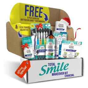 Total Smile Makeover Charcoal Kit - 8oz Cocomint Pulling Oil   Dual Barrel Mouthwash   Whitening Strips   6 Pack Butter on Gums Toothbrush   7 Oil Pulling Travel Sachets