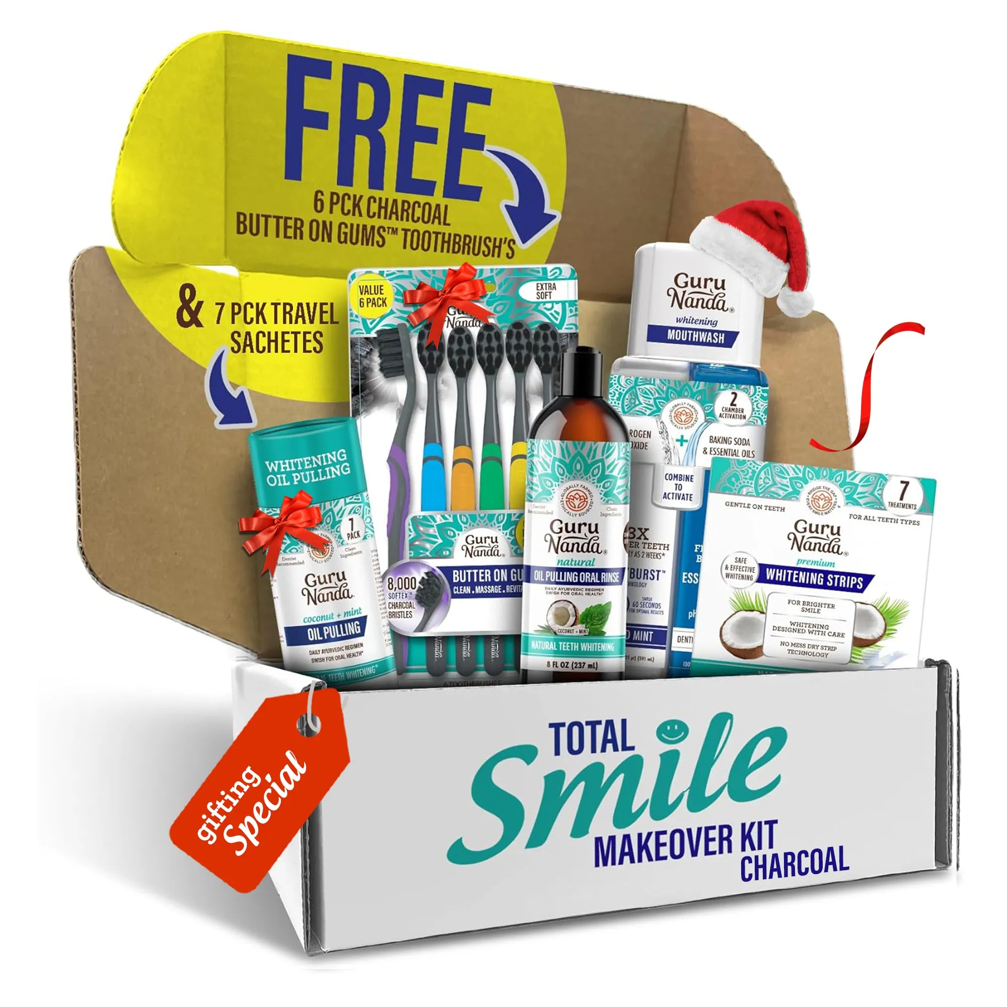 Total Smile Makeover Charcoal Kit - 8oz Cocomint Pulling Oil   Dual Barrel Mouthwash   Whitening Strips   6 Pack Butter on Gums Toothbrush   7 Oil Pulling Travel Sachets