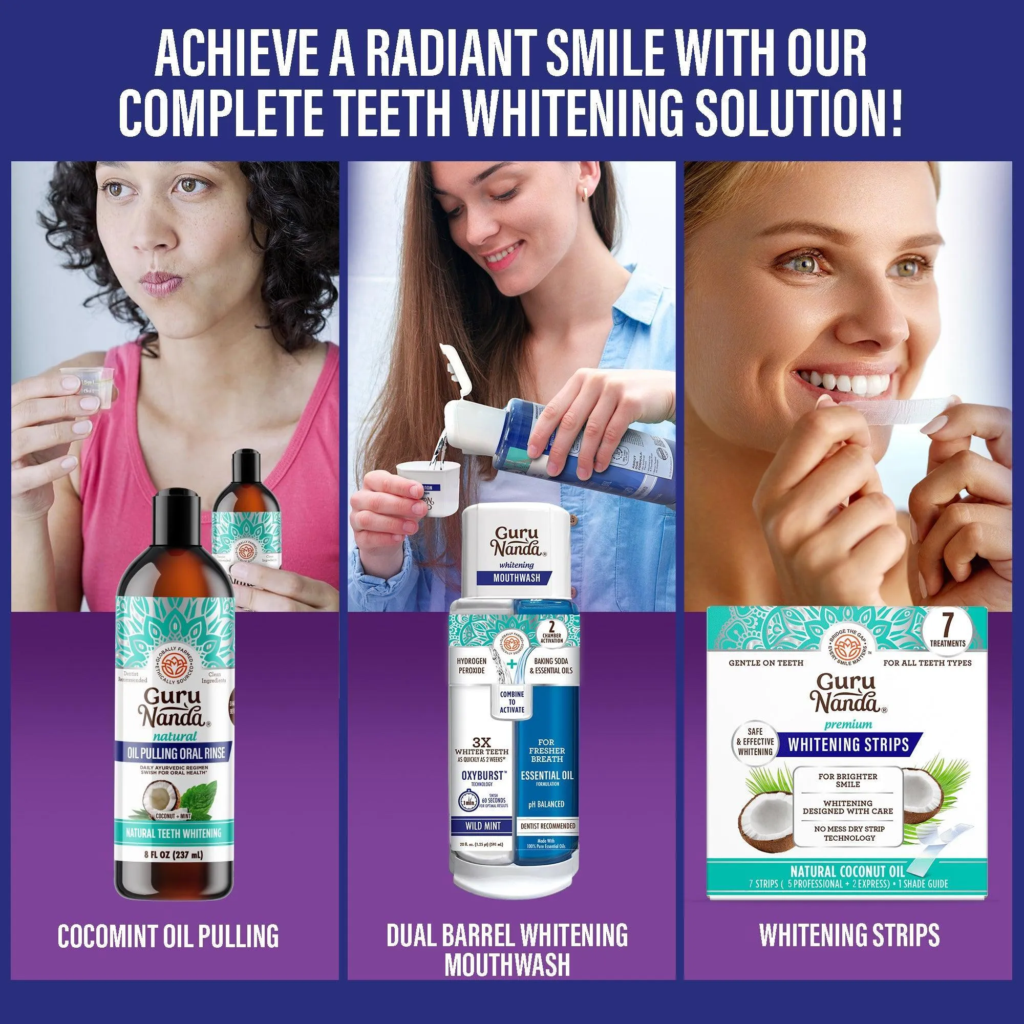 Total Smile Makeover Charcoal Kit - 8oz Cocomint Pulling Oil   Dual Barrel Mouthwash   Whitening Strips   6 Pack Butter on Gums Toothbrush   7 Oil Pulling Travel Sachets