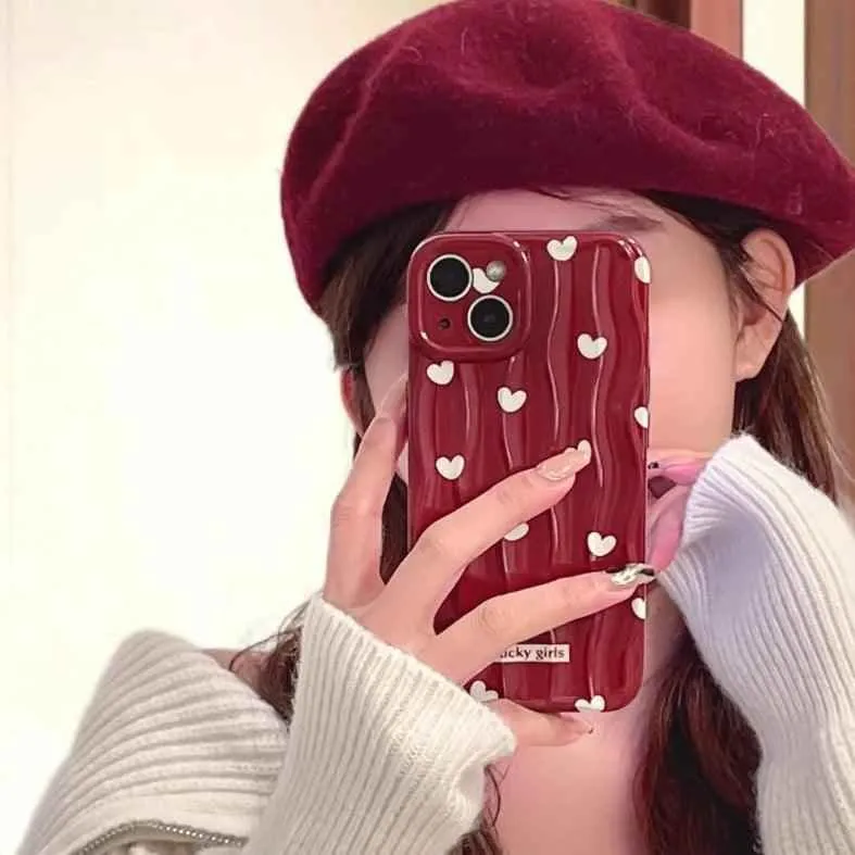 TSP69 Cute Phone Case  For iPhone 11, 12, 13, 14, 15 Pro Max - Stylish Red Hearts - Wavy Pattern