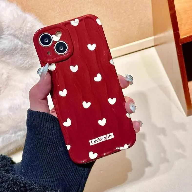 TSP69 Cute Phone Case  For iPhone 11, 12, 13, 14, 15 Pro Max - Stylish Red Hearts - Wavy Pattern