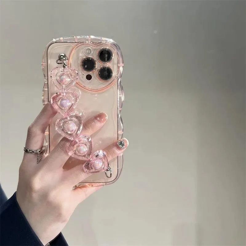 TSP7 Cute Phone Case for iPhone 15, 14, 12, 13 Pro Max, 11, X, XR, or XS - Wavy Transparent Pattern With 3D Heart Wrist Chian