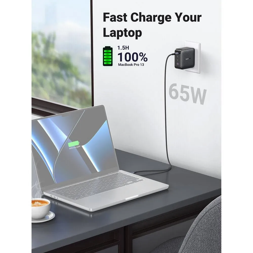 UGREEN 65W 4 Port GaN X PD Fast Charge Charger with USB C & USB A Ports for Laptop, Tablet, Phone, Camera, iPhone, iPad, MacBook, Apple & Android Smartphone Charging - Black | 70773