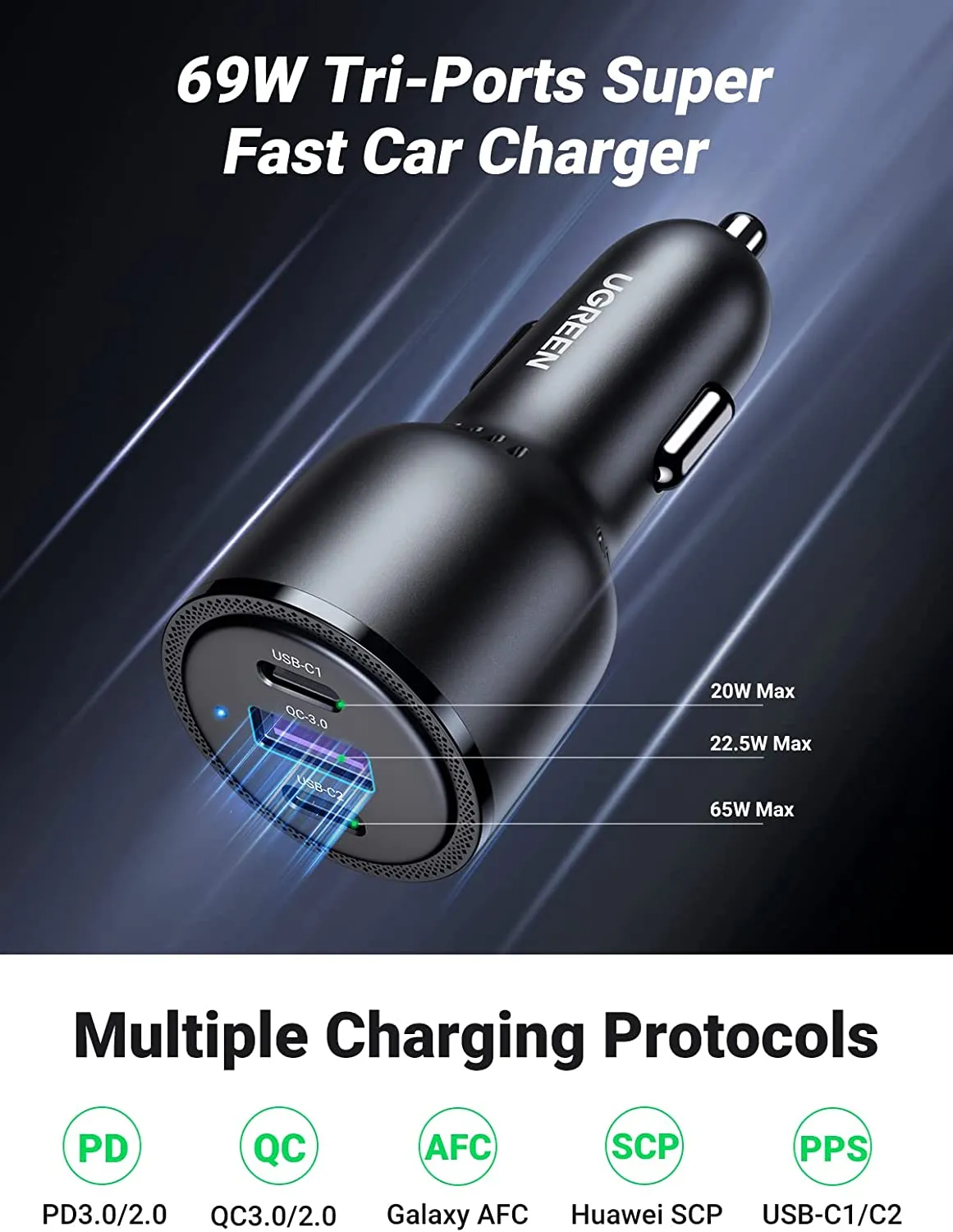 UGREEN USB C Car Charger 69W 3-Ports Cigarette Lighter