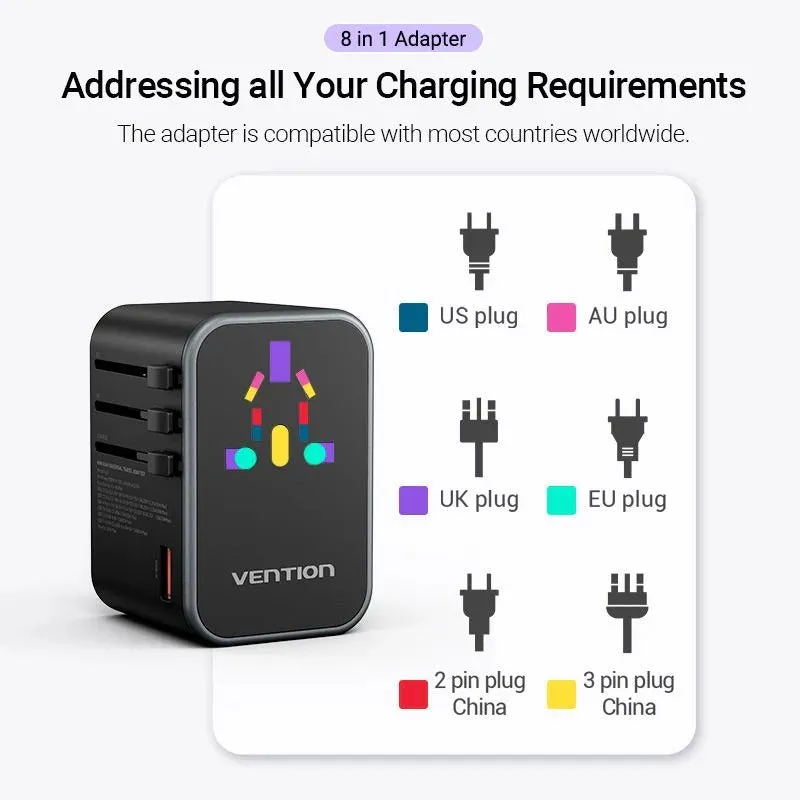 Vention 3-Port GaN USB A/C Universal Travel Adapter