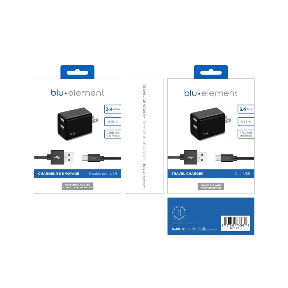 Wall Charger Dual USB 3.4A with USB-C Cable Black