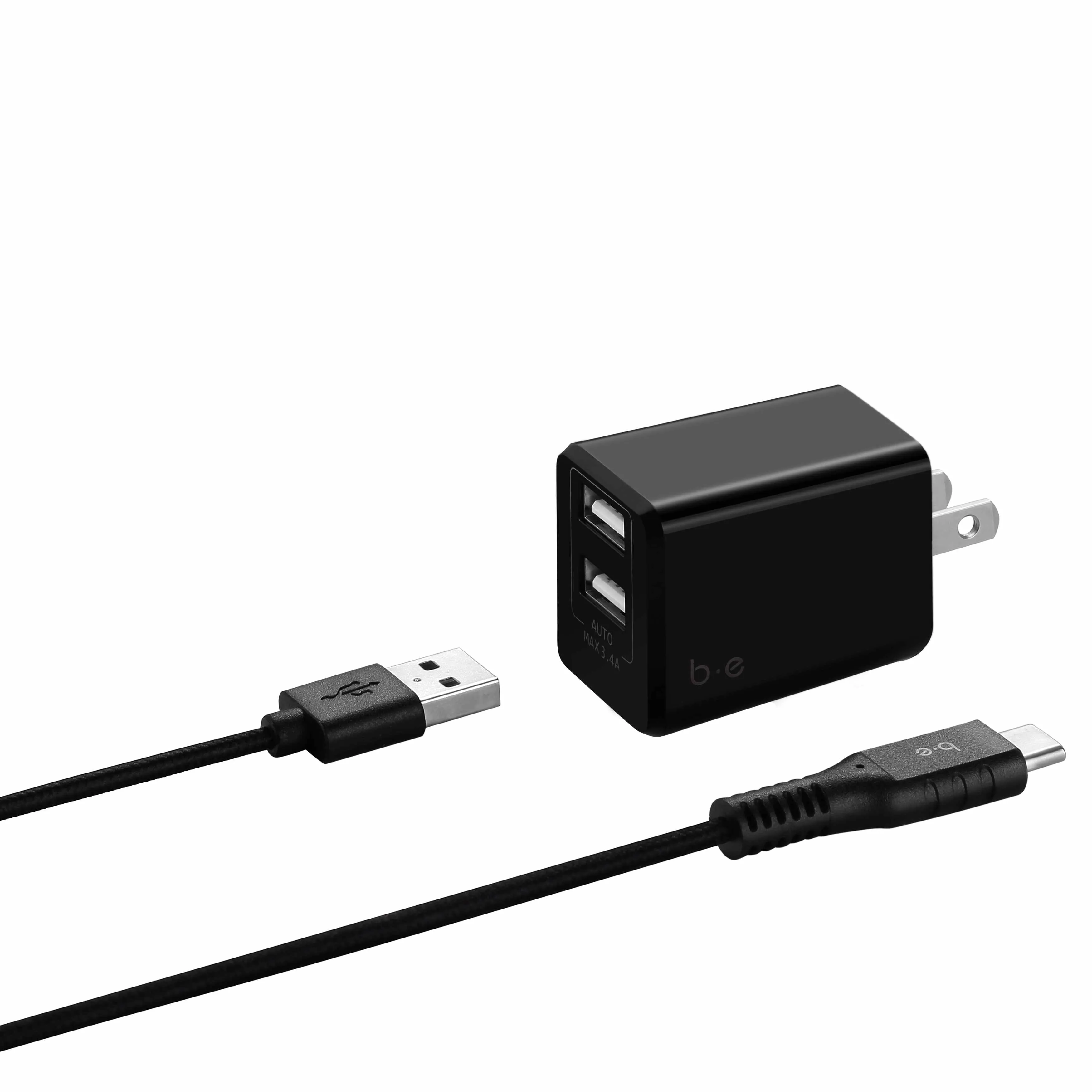 Wall Charger Dual USB 3.4A with USB-C Cable Black