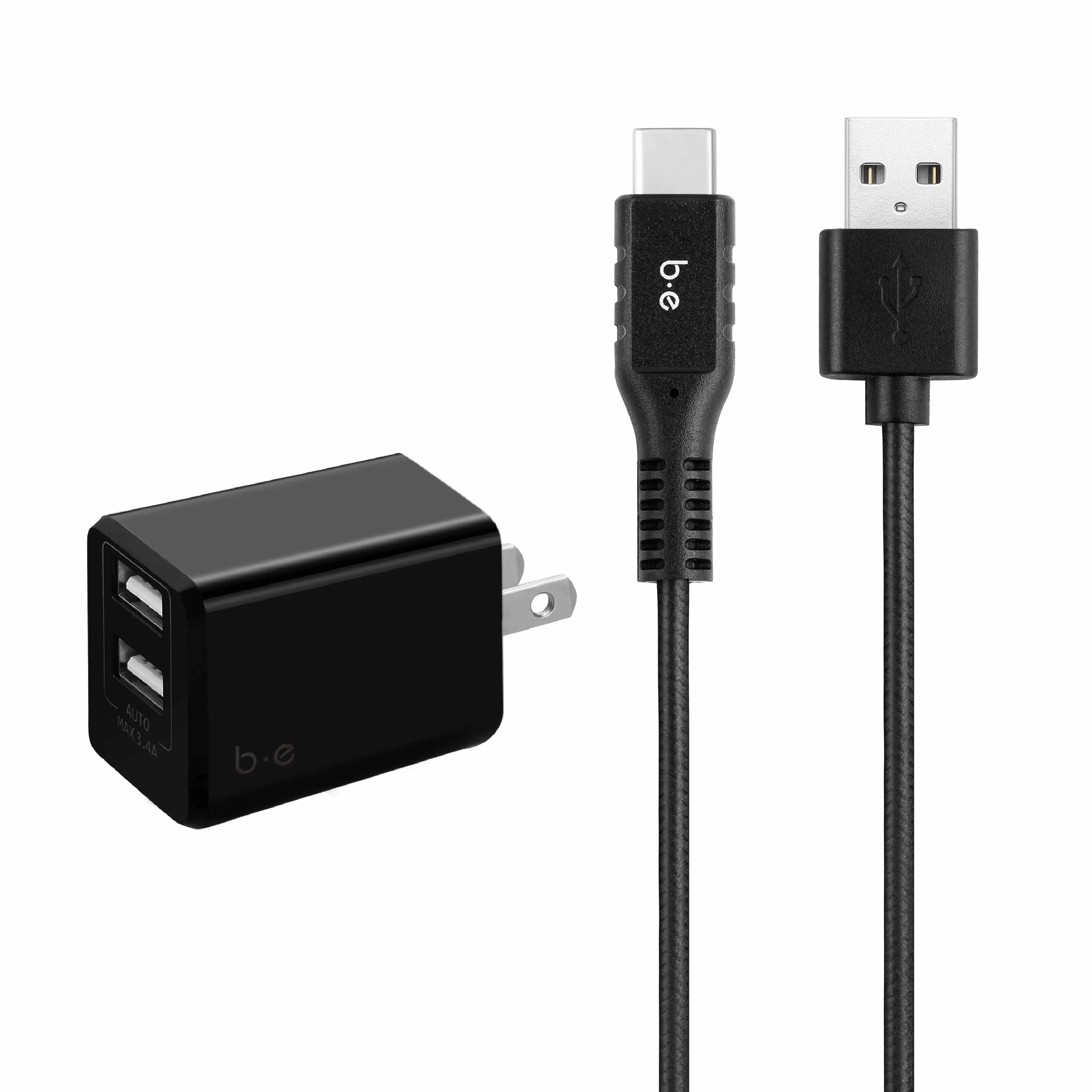 Wall Charger Dual USB 3.4A with USB-C Cable Black