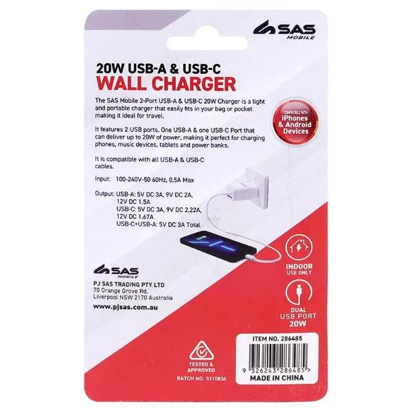 White 20W Usb A & Usb C Wall Charger