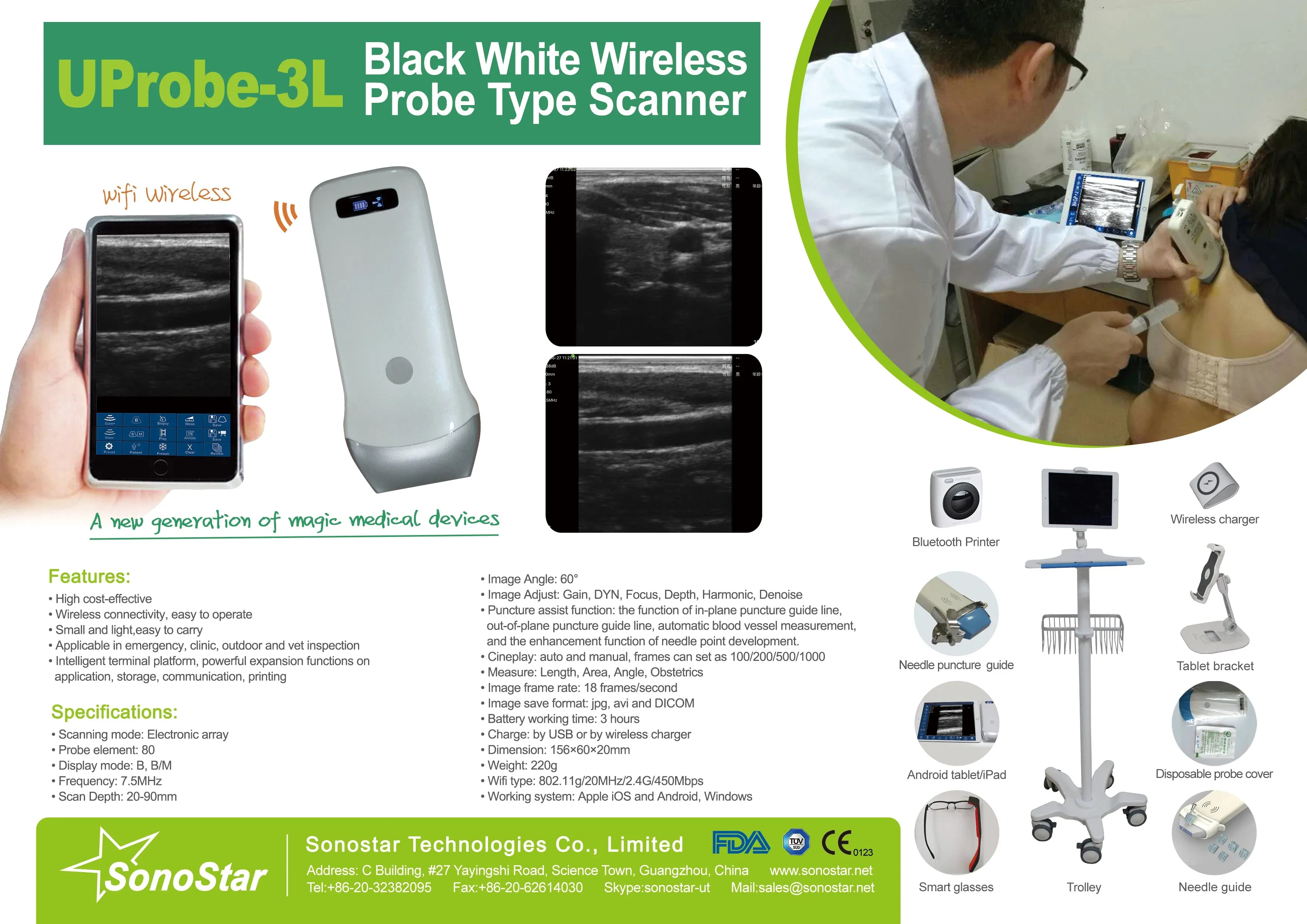 Wireless Ultrasound Probe WIFI Probe Convex / Linear Support ISO Andriod Portable Wifi-Scanner 3.5Mhz / 7.5Mhz