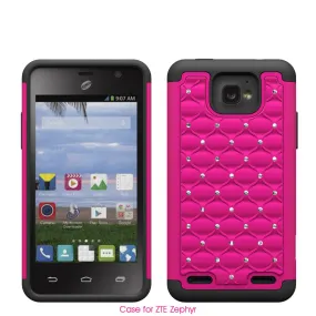 ZTE Zephyr Rhinestone Case, Slim Hybrid Dual Layer[Shock Resistant] Crystal Rhinestone Studded Case Cover -  Hot Pink/Black